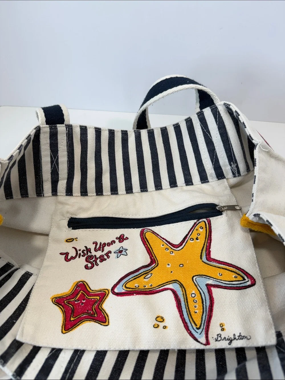 Brighton Cream Navy Red Nautical Canvas Tote Bag with Sunshine Yellow Accents